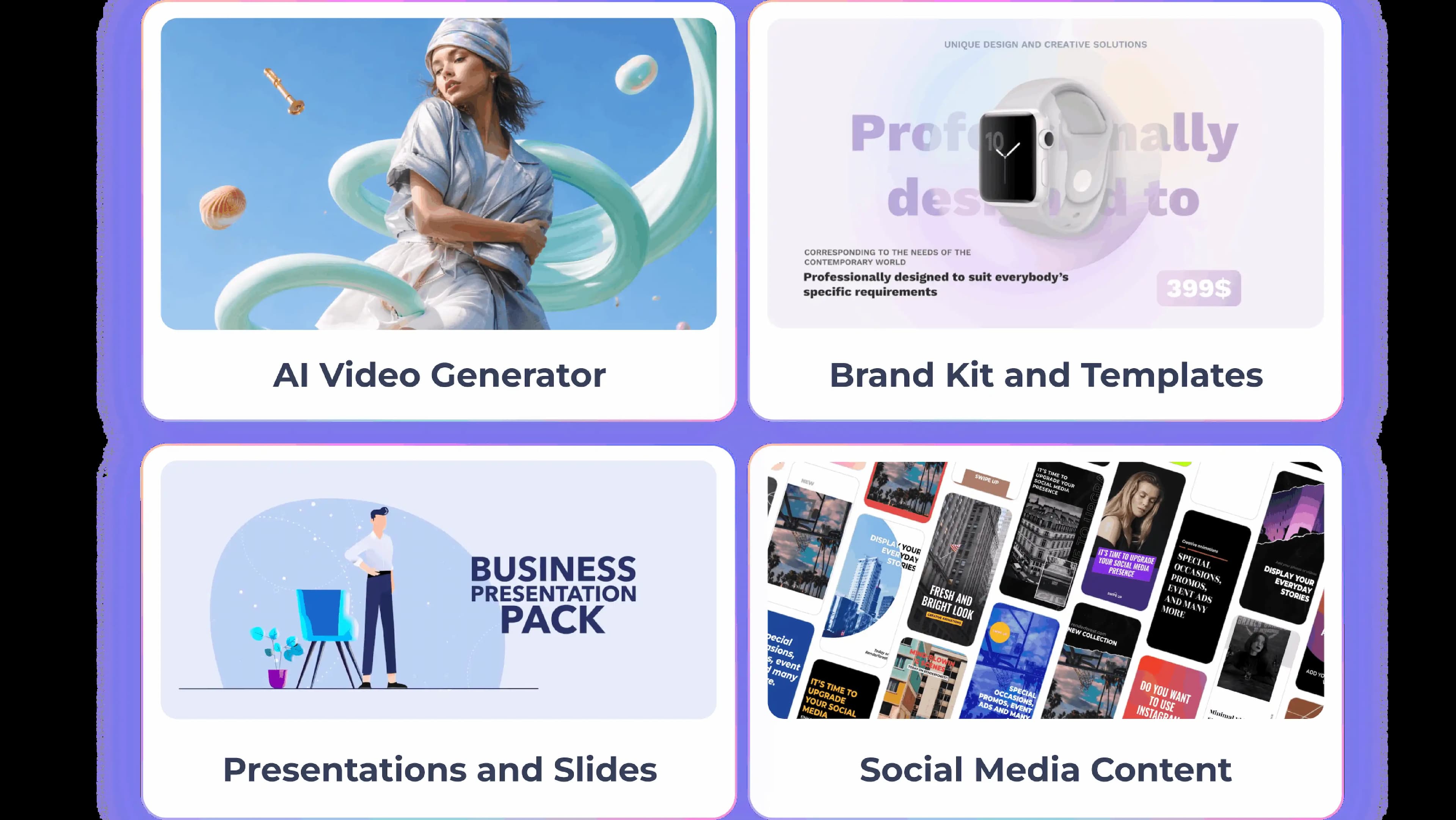 Renderforest sales content stack — AI video maker, brand kit, outreach, and pitch decks in one platform